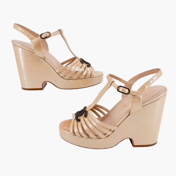 Chanel CC Platform Wedge Sandals Size 41 US 10-10.5 Beige Patent Strappy Logo - Picture 8 of 16